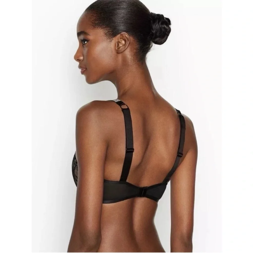 💎VS Very Sexy Black Lace Bling Push Up Bra With Matching Garter Belt Set NWT✨